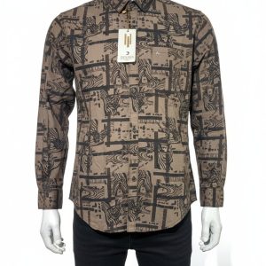 Men’s Abstract Geometric Print Button-Down Shirt – Earth Tones