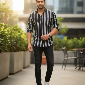 Men’s Black & White Vertical Striped Slim Fit Casual Shirt