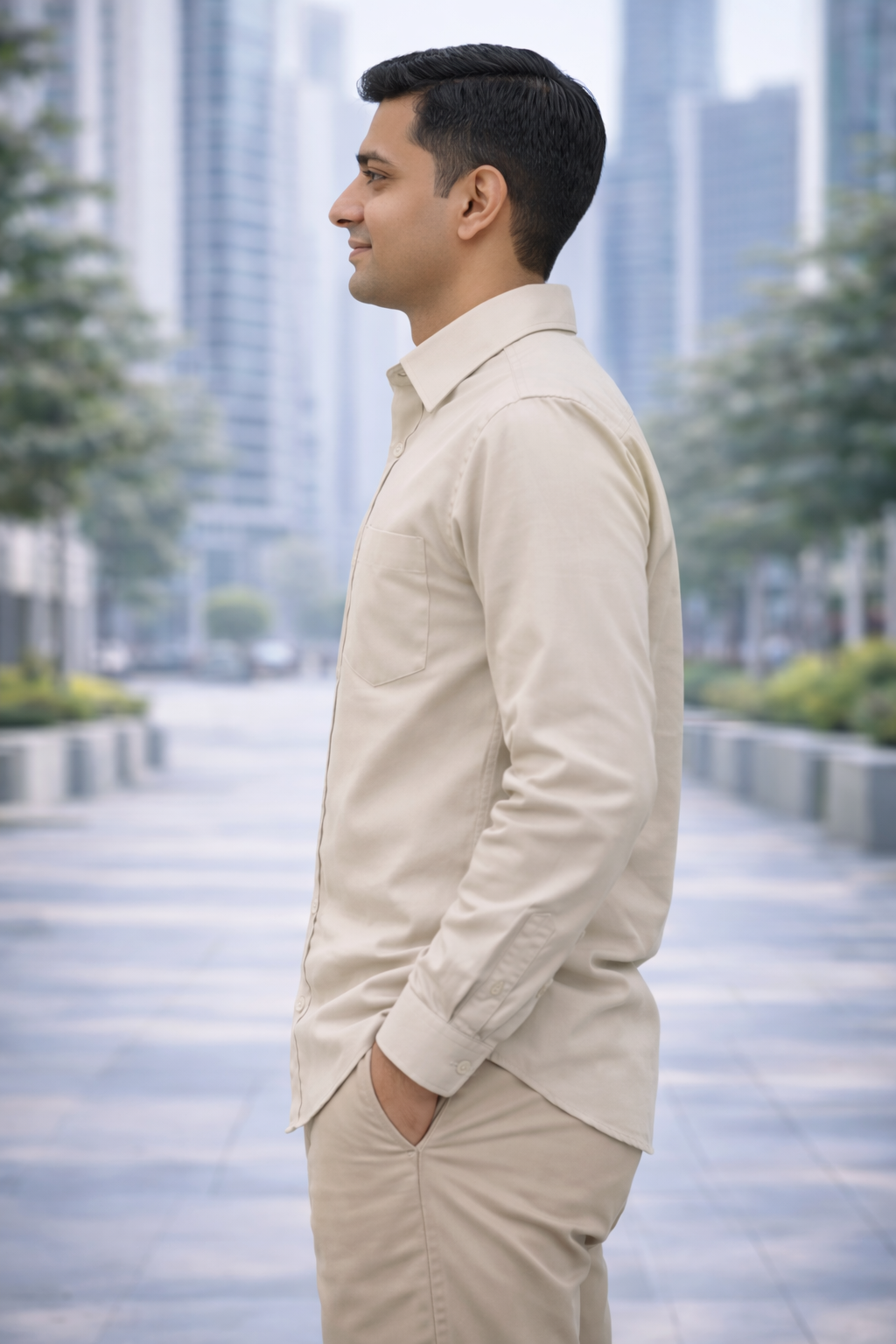 Men's Urban Khaki Beige Slim-Fit Casual Shirt