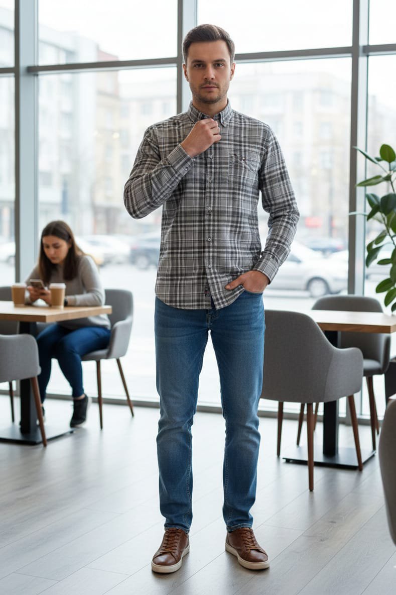 Men’s Grey Checkered Casual Cotton Shirt