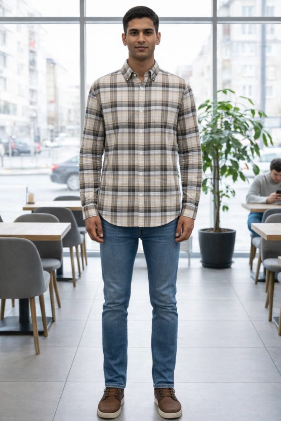 Men’s Beige Checkered Casual Cotton Shirt