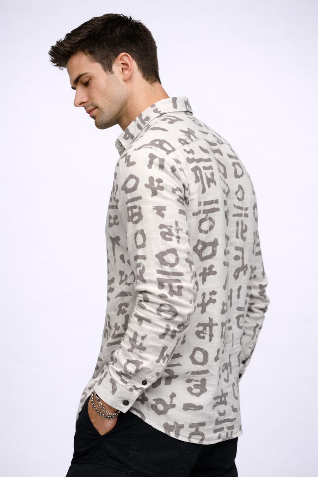 Hector 3980 – Natural Linen Calligraphic Script Abstract Print Shirt