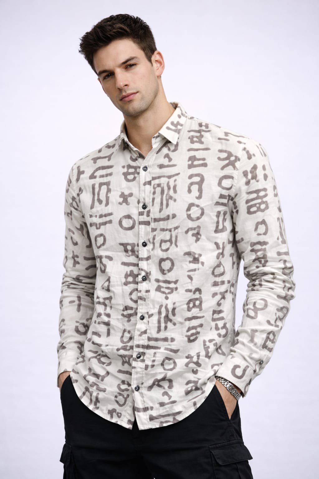 Hector 3980 – Natural Linen Calligraphic Script Abstract Print Shirt