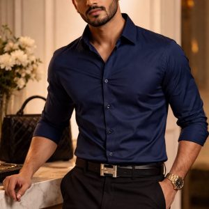 Elegant Navy Blue Slim Fit Formal Shirt