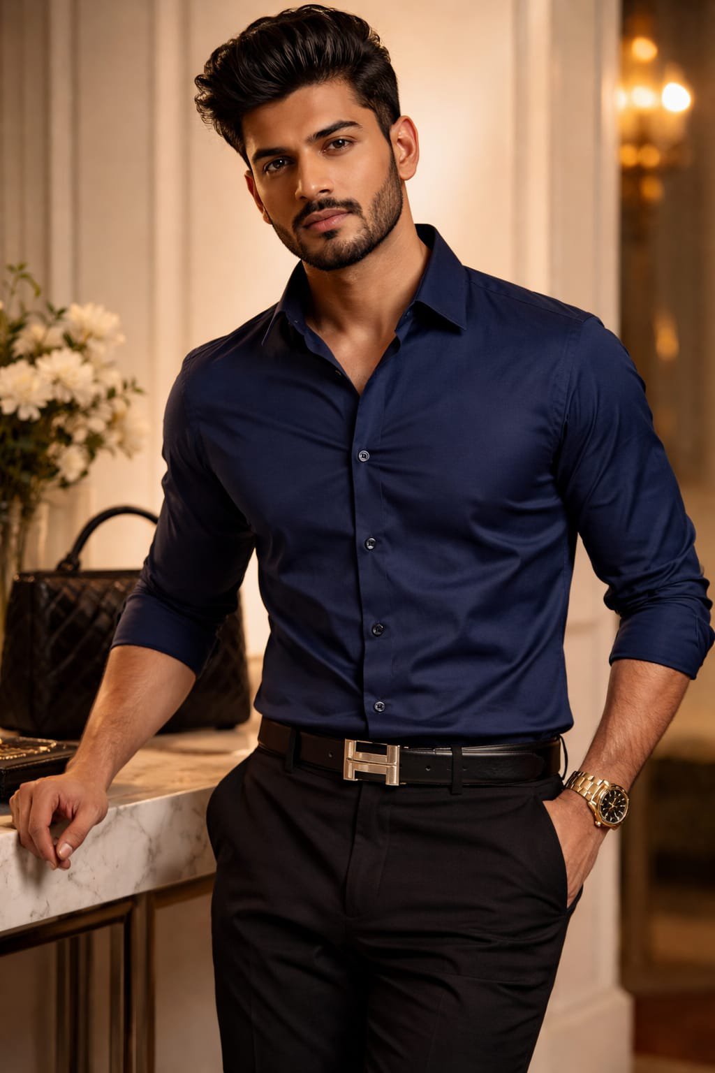 Elegant Navy Blue Slim Fit Formal Shirt